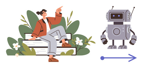 Human on wooden bench gestures toward friendly robot standing adjacent with directional arrow. Ideal for innovation, AI collaboration, tech advancement, education, futuristic lifestyle, creativity