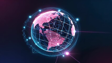 Opening digital globe slowly rotating against purple backdrop, with pink mesh, glowing nodes - Powered by Adobe