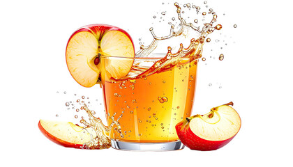 Apple juice splashing in glass w/ sliced fruit accents around