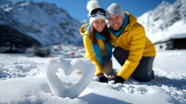 Defocused romantic couple with sharp focused heart shape sculpted in pristine snow at mountain resort, with copy space