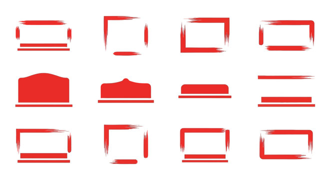 Twelve red brushstroke bordered rectangular and arched shapes are arranged in a 3x4 grid