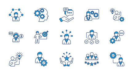 Expert thin blue icon set. Containing knowlwdge, advice, professional, competence, consultant, specific, skill, aptitude, expertise, know how . Vector illustration