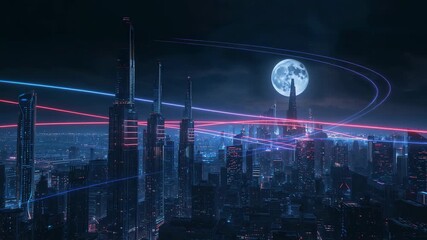 Skyscraper cluster glowing under moon rising, with neon light trails arcing and looping above - Powered by Adobe