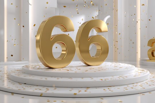 Celebrate sixty-six years with elegant golden number and confetti on a modern white stage for anniversary or birthday celebrations