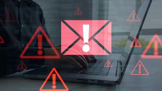 Spam email message on digital screen.Email security and virus spam alert in email. Fake text email scam.Scammers online.Cyber scam.	