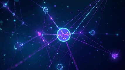 Opening core sphere pulsing neon lines across blue void, linking nodes and particle trails - Powered by Adobe