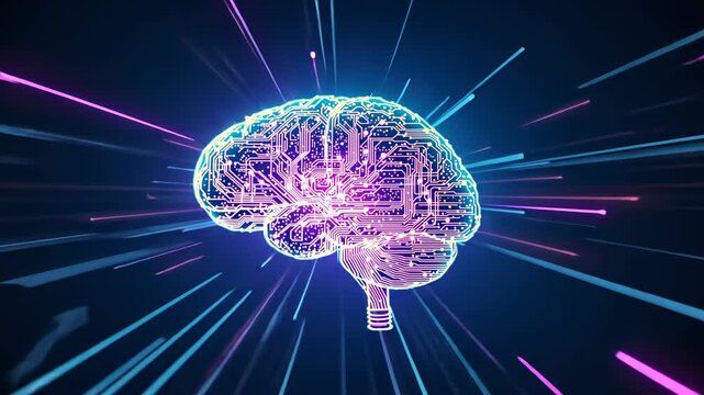 Opening sequence causing neon brain glowing in void sending pink and blue beams and drifting lights