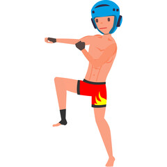 Young Man In Red Muay Thai Shorts And Blue Helmet Performing A Fighting Stance With A Clear Transparent Background
