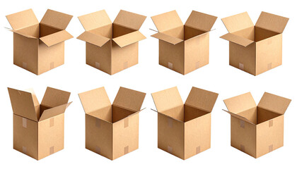 Eight empty cardboard boxes lined up on a black background