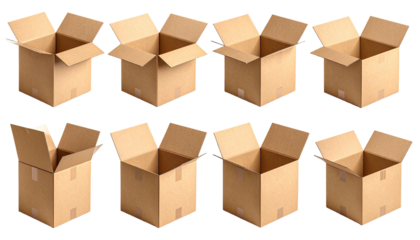 Eight empty cardboard boxes lined up on a black background
