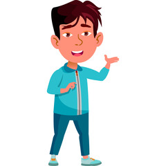 Young Man In Teal Blue Zip Up Jacket And Blue Jeans Standing And Gesturing With One Hand Open And Other Hand Close With White Background Studio Shot
