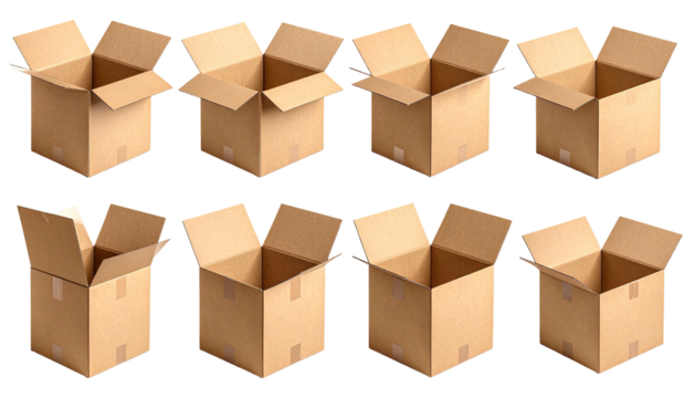 Eight empty cardboard boxes lined up on a black background