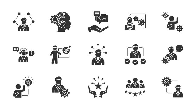 Expert thin glyph icon set. Containing knowlwdge, advice, professional, competence, consultant, specific, skill, aptitude, expertise, know how . Vector illustration