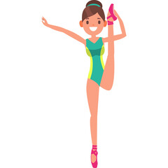 Young Woman Performing Gymnastics Pose With One Leg Extended Upward And Arms Outstretched In A Teal And Yellow Leotard And Pink Ballet Slippers On A White Background © tata