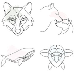 Fox, Wolf Family, Whale, Turtle in Minimalist Line Art Style Keywords: fox, wolf, continuous line art bundle