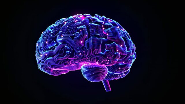 Appearing 3D brain model rotating clockwise in dark void, with neon circuitry and pulsing nodes - Powered by Adobe