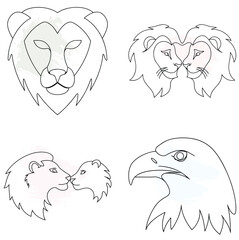 Minimalist Line Art Animal Heads Lion Eagle Pair Cub Keywords: lion head, continuous line art bundle