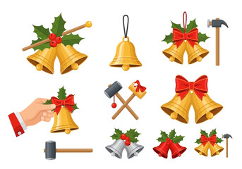 Collection of Festive Christmas Bells with Holly Ribbons and Hammers.
