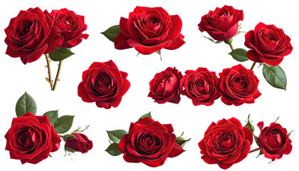 Red rose cluster with leaves arranged on black background