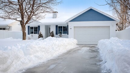 A house with a blue roof and white trim. The driveway is covered in snow. The house is surrounded by a white fence