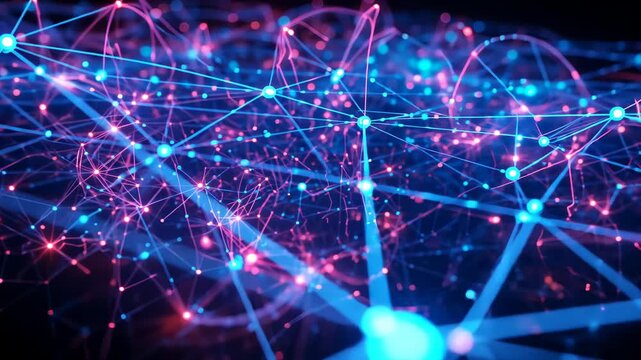 Starting animation showing glowing nodes linking with neon-blue lines in void, growing pink arcs