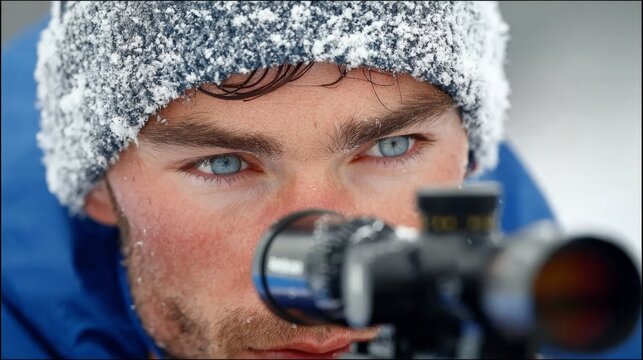 A man wearing a blue jacket and a blue hat is holding a rifle and looking through a scope. He is focused and determined, possibly preparing for a hunting or shooting event
