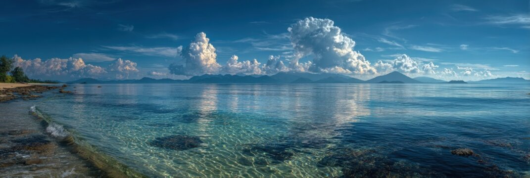 Serene coastal landscape featuring clear turquoise waters, gentle waves lapping against the shore, and dramatic clouds reflecting sunlight, creating a tranquil atmosphere for relaxation