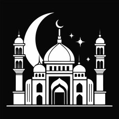 Silhouette of mosque with tall minarets isolated on white background