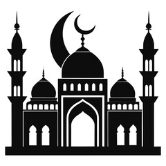 Silhouette of mosque with tall minarets isolated on white background