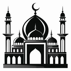 Silhouette of mosque with tall minarets isolated on white background