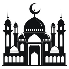 Silhouette of mosque with tall minarets isolated on white background