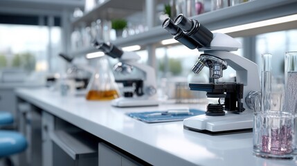 Medical laboratory with advanced microscopes and glassware showing ongoing research during daylight hours
