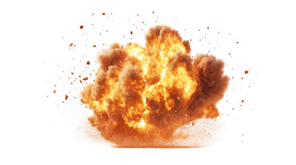 Fiery explosion with orange flames and debris against a showcasing power