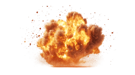 Fiery explosion with orange flames and debris against a showcasing power