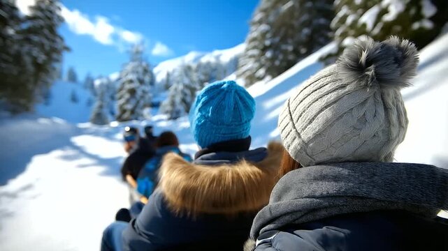 Anonymous riders' backs visible on toboggan with defocused bodies and crystal clear snowy hill scene, with copy space