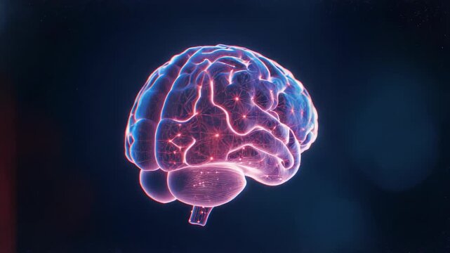 Opening 3D brain rotating toward viewer in navy-indigo void, pulsing neural pathways and red nodes - Powered by Adobe