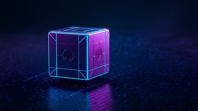Starting second frame neon-outlined cube rotating clockwise on sci-fi floor with cyan magenta edges