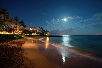 Maui At Night. Moonlit Beach on Hawaii's Tropical Island Coast