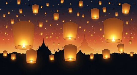 Magical Night: Floating Lanterns Over Ancient Temples, A Spectacular Celebration of Light and Tradition in Thailand, A Beautiful Celebration