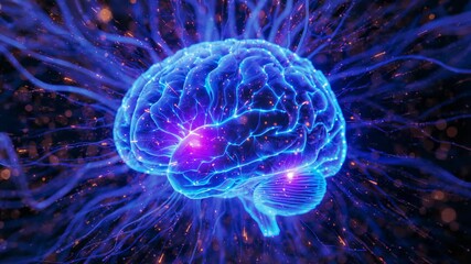 Opening on 3D brain glowing in void, pulsing spark particles via filaments showing neural activity - Powered by Adobe