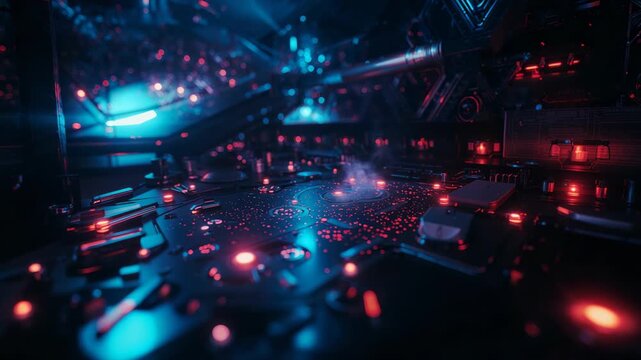 Camera sliding over etched circuit board at interior, revealing pulsing LEDs, haze, stylus hovering