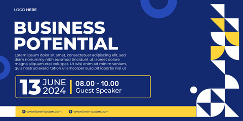 Modern business seminar or conference banner template with geometric shapes in blue, yellow, and white. Professional corporate design for event promotion, marketing, or presentation