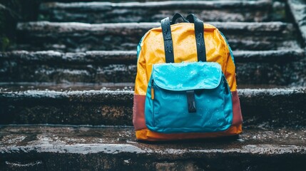 Colorful backpack resting on stone steps during a rainy day in a quiet outdoor area