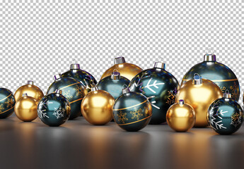 Isolated Christmas Baubles on Dark Background. Gold and Dark Blue Colors