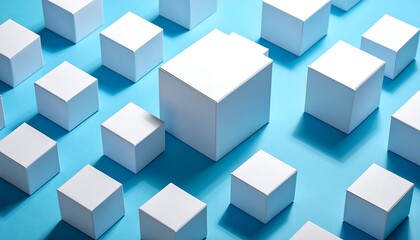 Obraz premium Repeating pattern of white cubes casts deep shadows on a bright blue background, creating a 3D abstract grid