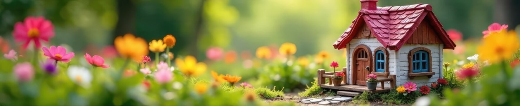 A charming miniature playhouse nestled amongst vibrant flowers, offering a whimsical and enchanting scene perfect for childhood memories and imaginative play , game, colorful, small