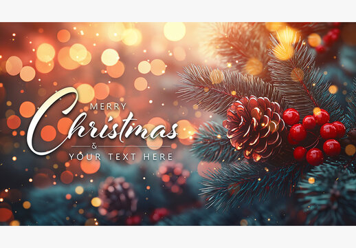 Christmas Card With Tree Branches, Pine cones And Snow Mockup