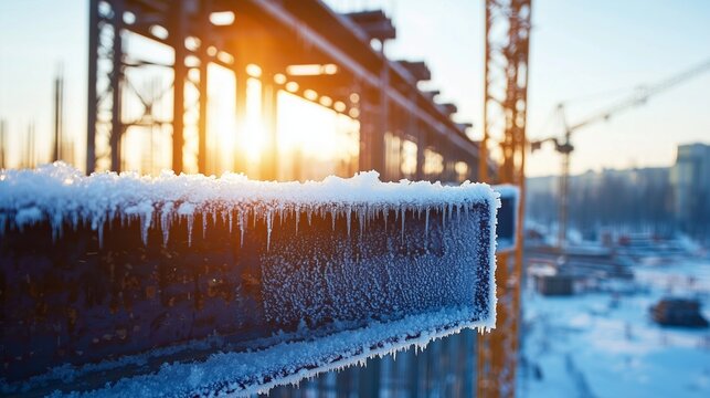 Construction site at sunrise with icy beams and cranes in the background during winter season