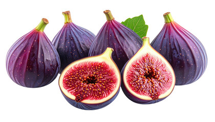 Five figs, one cut in half, revealing the flesh