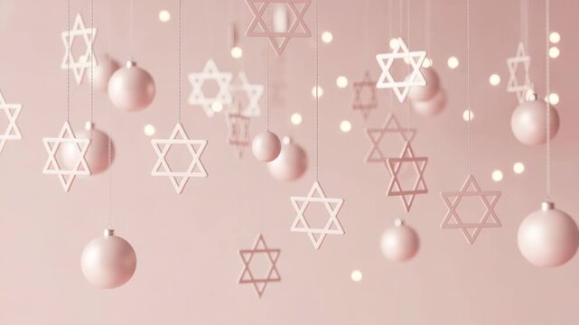 Decorative elements for Yom Kippur celebration. Pink background with hanging Star of David ornaments and soft glowing lights. - Powered by Adobe